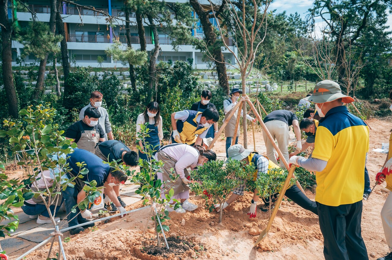 20일 전북 군산 국립신시도자연휴양림 인근 몽돌해변에서 현대차 임직원들이 국립자연휴양림관리소, 트리플래닛 임직원 및 지역 초등학생들과 함께 나무를 심고 있는 모습