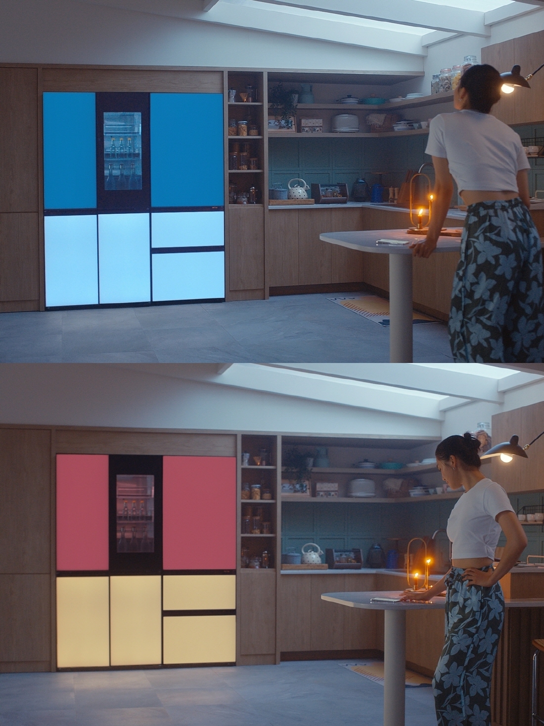 모델이 LG 씽큐 앱에서 터치만으로 냉장고 색상을 변경하고 있다.